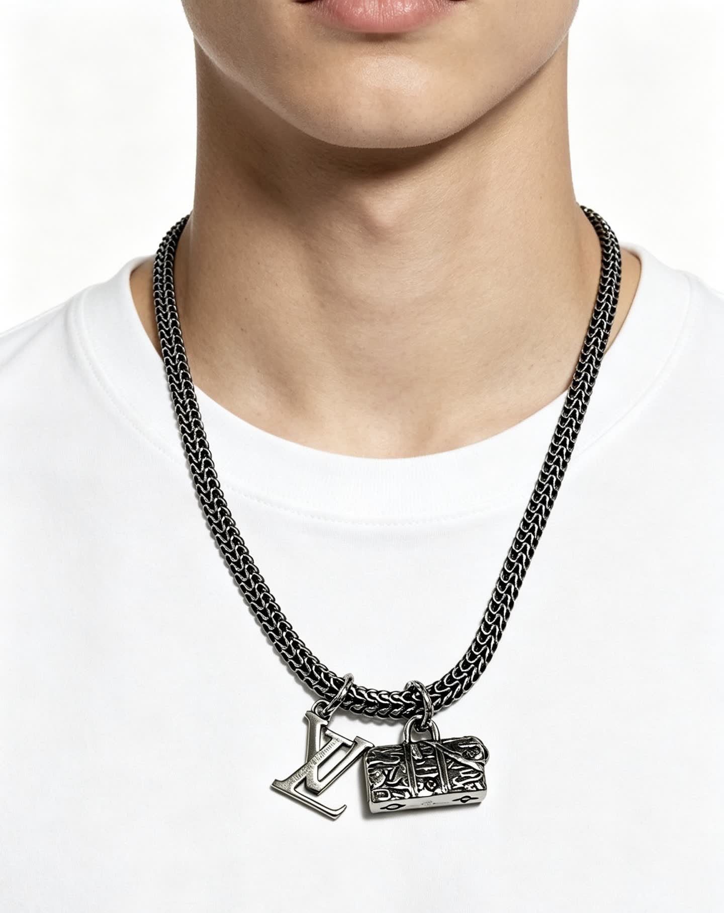 Louis Vuitton Silver Tone Chain Necklace with LV and Monogram Bag Charms